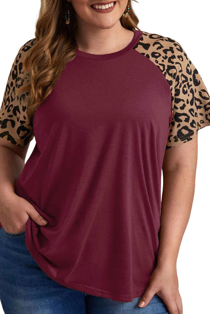 Burgundy Contrast Leopard Raglan Sleeve Plus Size T-shirt - Eloy Royal