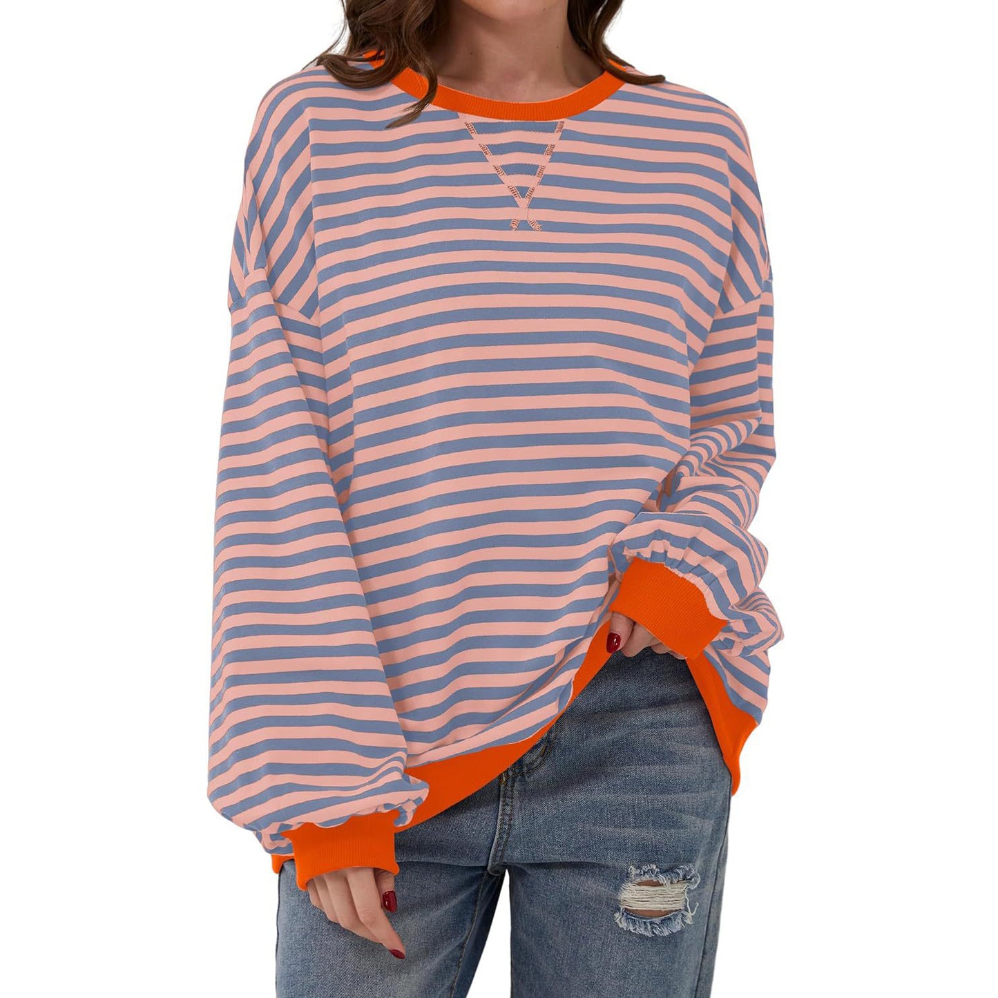 Loose Striped Long Sleeve T-shirt Casual Pullover Sweater For Womens Clothing