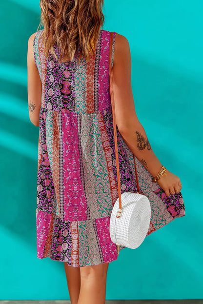 Floral Print Sleeveless Flounce Hem V Neck Short Boho Dress - Eloy Royal