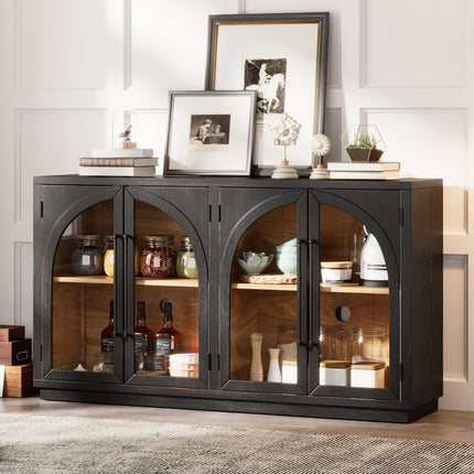 TREXM 4-Door Large Storage Sideboard Buffet Cabinet with Glass Doors with Arched
