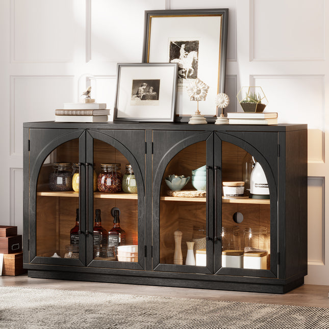 TREXM 4-Door Large Storage Sideboard Buffet Cabinet with Glass Doors with Arched