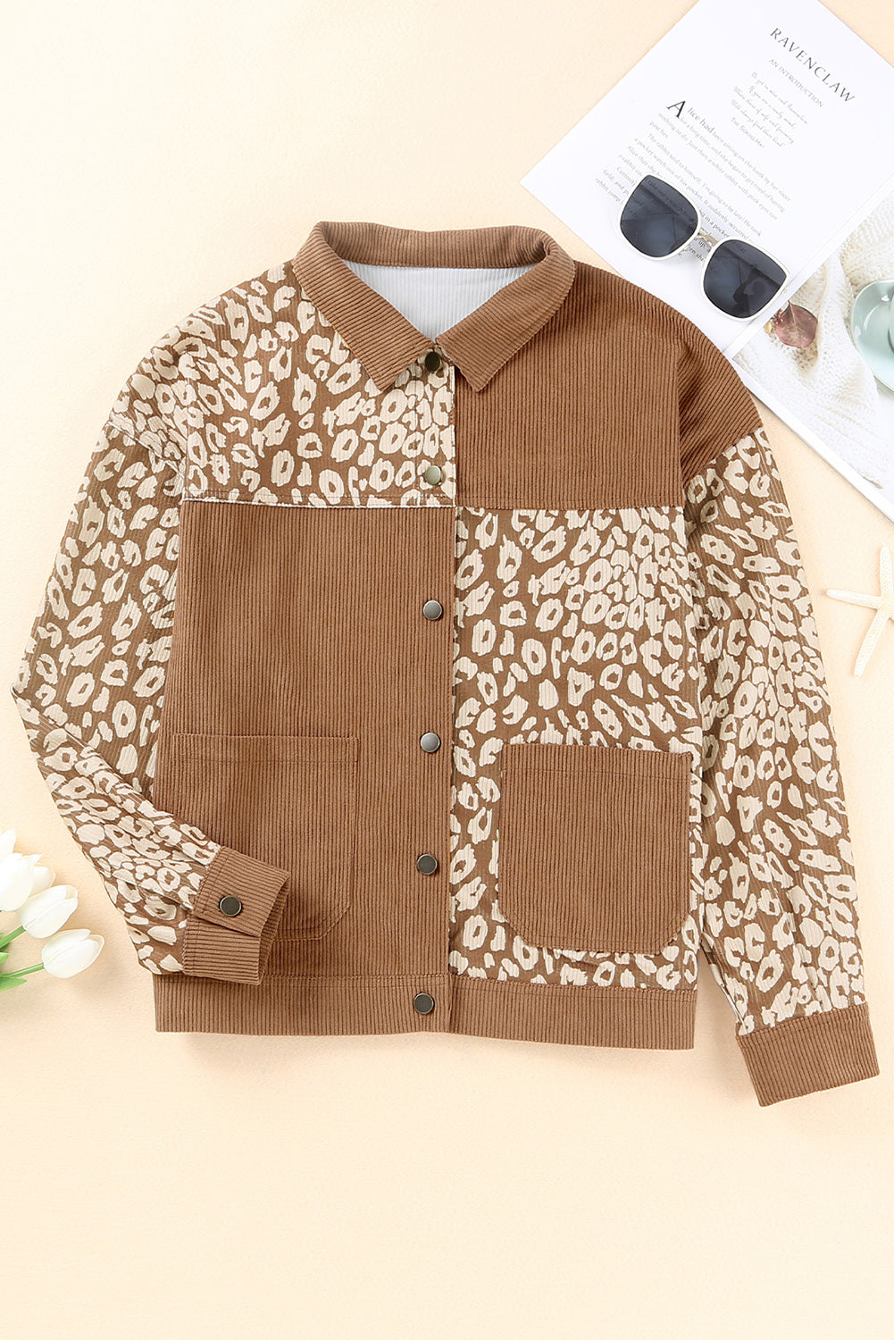 Wholesale Brown Leopard Print Pocket Corduroy Jacket - Eloy Royal