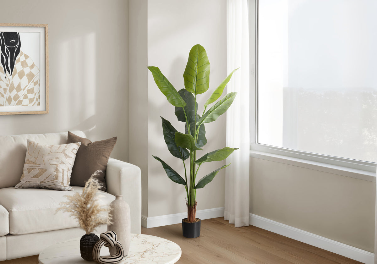 Artificial Plant, 59' Tall, Strelitzia Tree, Indoor, Faux, Fake, Floor, Greenery, Potted, Real Touch, Decorative, Green Leaves, Black Pot