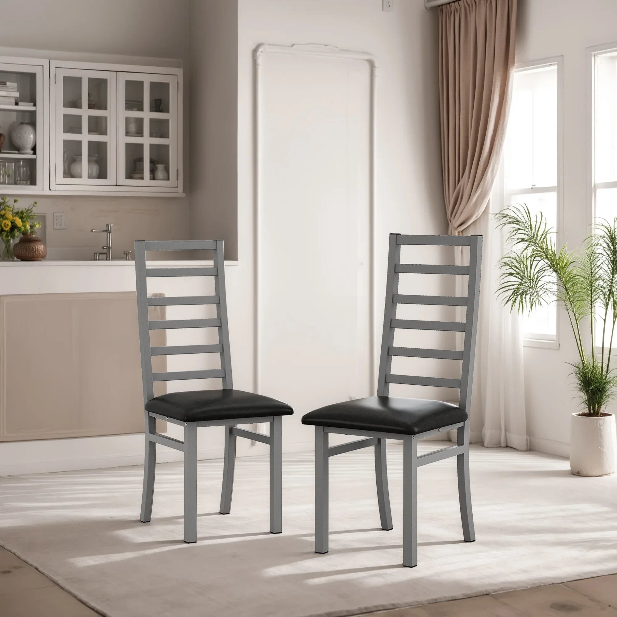 Grey Metal Dining Chairs Set of 2 with Steel Legs and PU Leather Seats, High Back Armless Design for Kitchen or Living Room - Eloy Royal