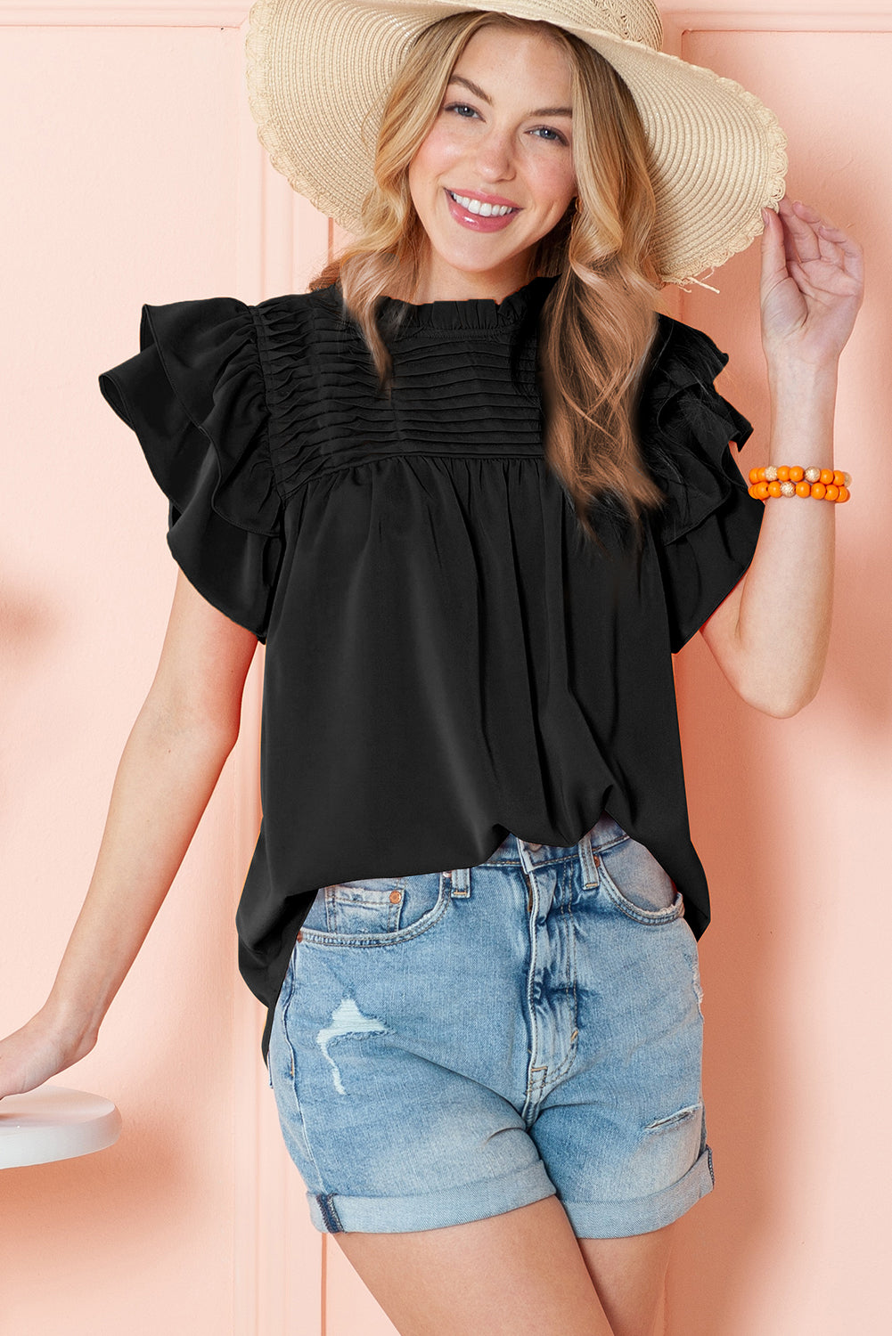 Grapefruit Orange Ruched Frilled Neck Ruffle Blouse - Eloy Royal