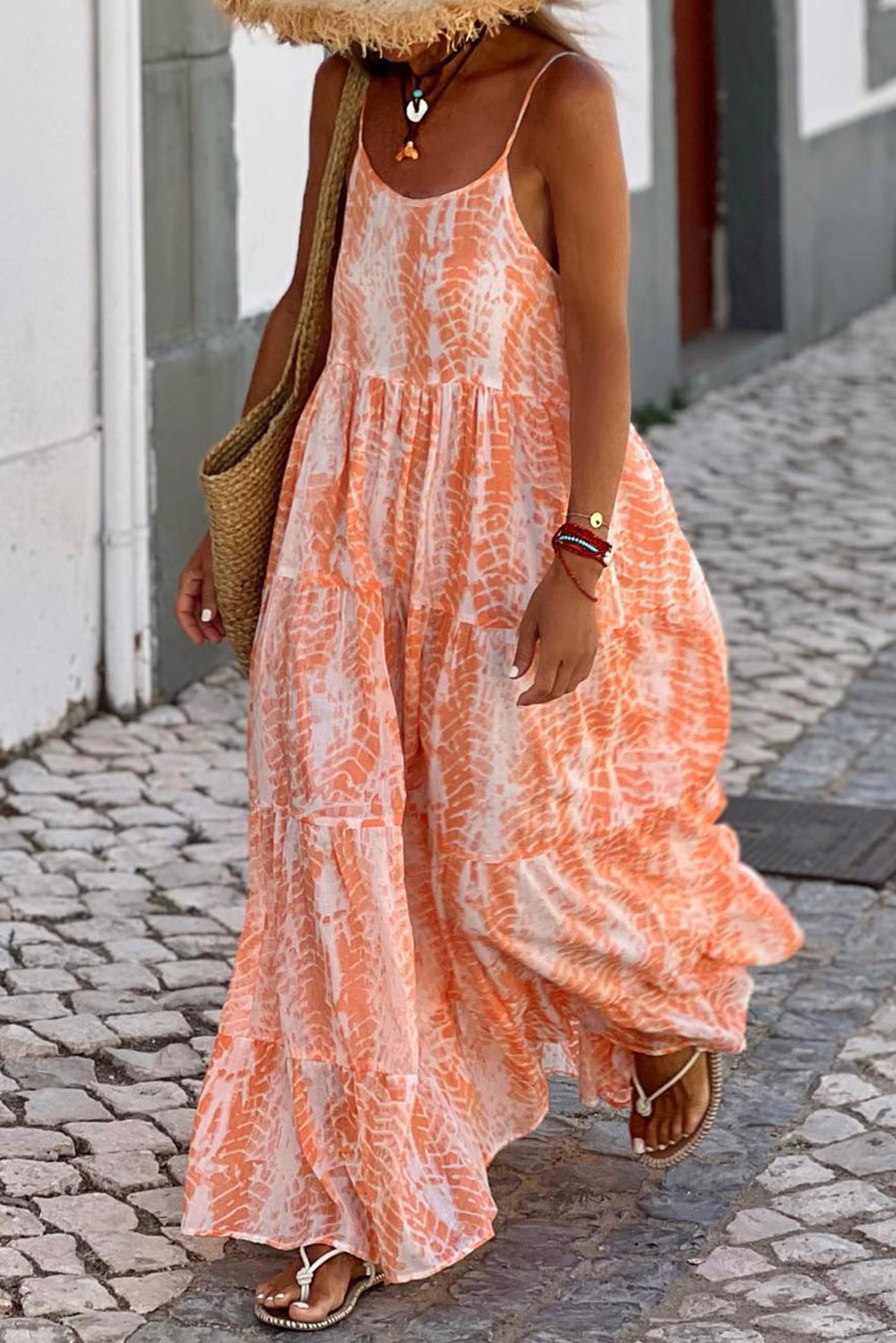 Orange Abstract Print Backless Tiered Maxi Dress - Eloy Royal