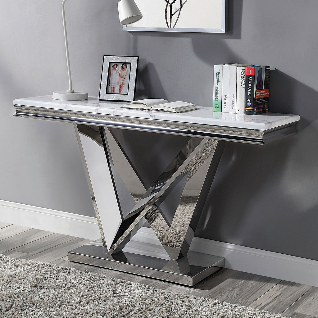 Glam Style Modern Sofa Table 1pc Stainless Steel Rectangular V-Shape Pedestal Base 18mm Faux Marble On Top Metal Structure Chroma Finish Coffee Table-Not Included