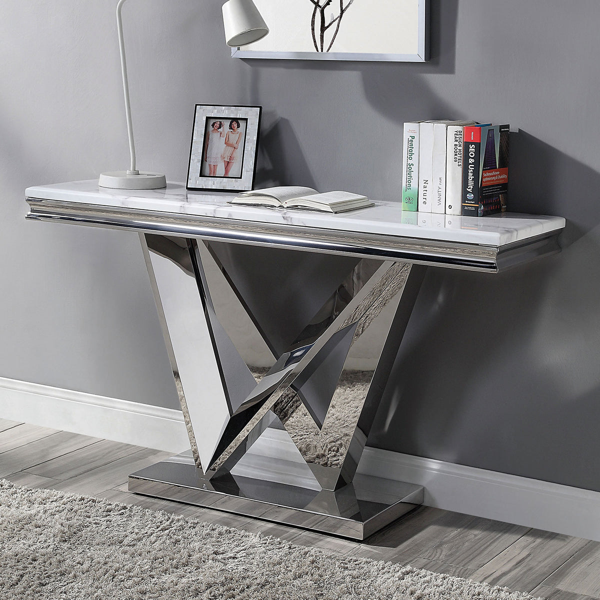 Glam Style Modern Sofa Table 1pc Stainless Steel Rectangular V-Shape Pedestal Base 18mm Faux Marble On Top Metal Structure Chroma Finish Coffee Table-Not Included