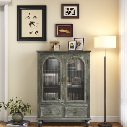 Farmhouse Storage Cabinet, Distressed Wood Kitchen Pantry Cabinet with 2 Glass Doors & 2 Drawers, Rustic Freestanding Buffet Cupboard with Shelves for Living Room, Dining Room,Black & Gray