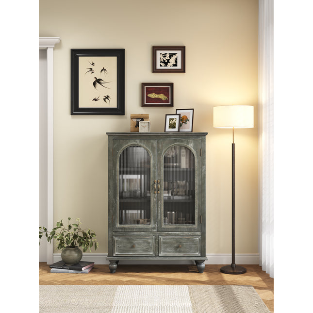 Farmhouse Storage Cabinet, Distressed Wood Kitchen Pantry Cabinet with 2 Glass Doors & 2 Drawers, Rustic Freestanding Buffet Cupboard with Shelves for Living Room, Dining Room,Black & Gray