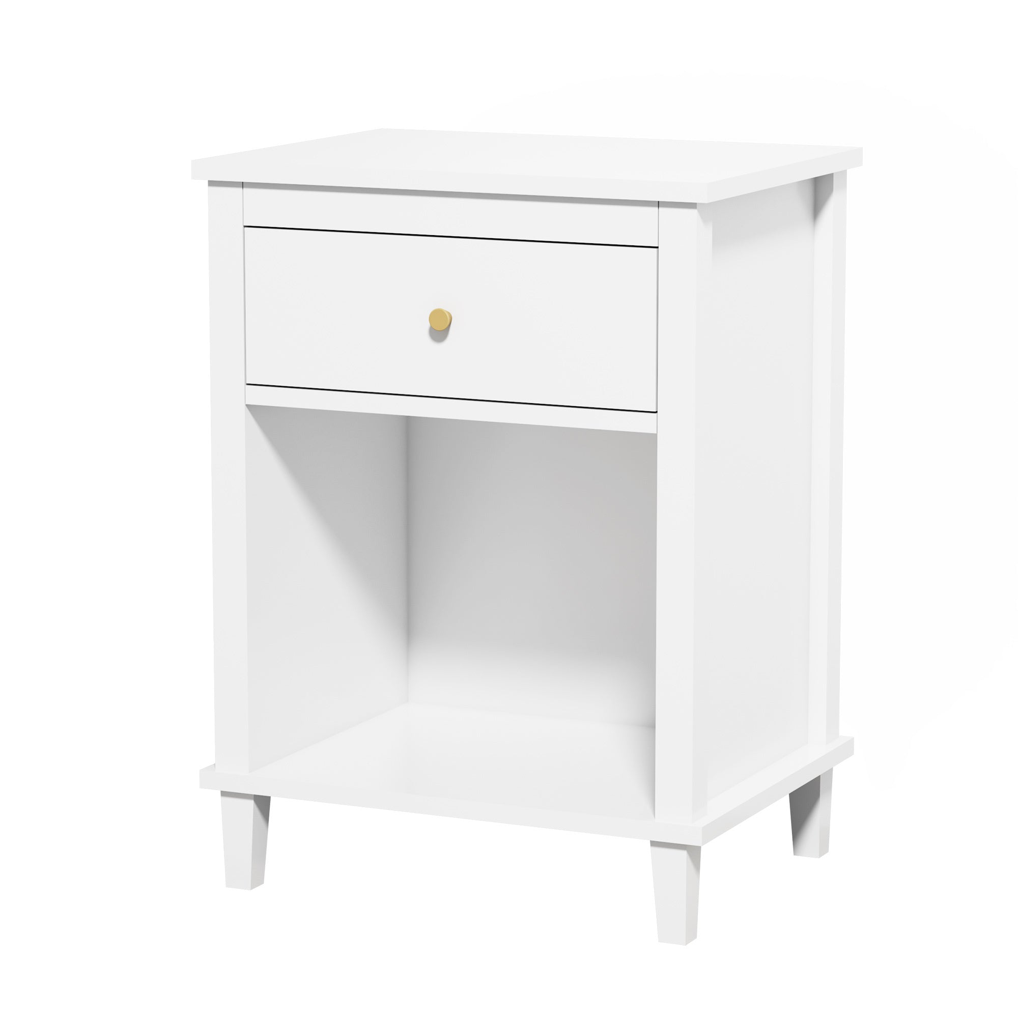 26.77''H White Wooden Nightstand with One Drawer and Shelf, Golden Handle, MDF Construction for Kids and Adults