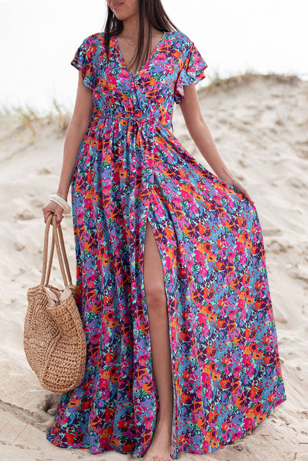 Wholesale Blue Boho Floral Print V Neck Wrap Split Maxi Dress - Eloy Royal