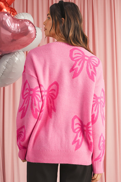 Pink Bow Pattern Drop Sleeve Loose Sweater