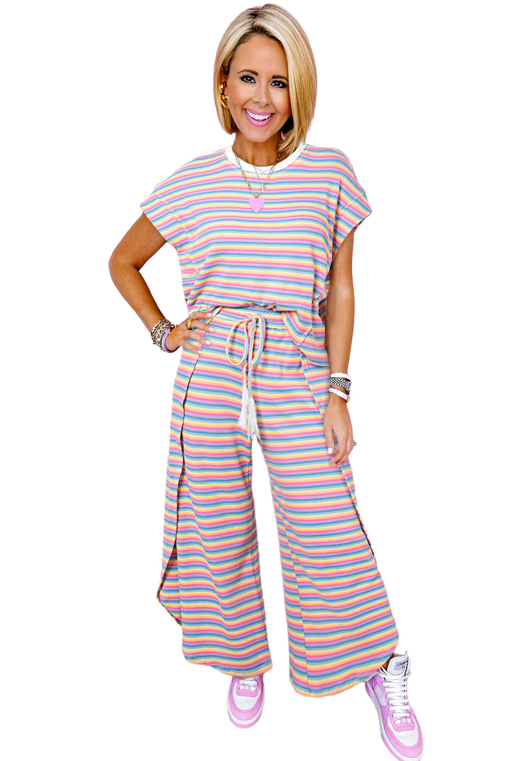 Pink Stripe Rainbow Tee and Tassel Drawstring Wide Leg Pants Set - Eloy Royal