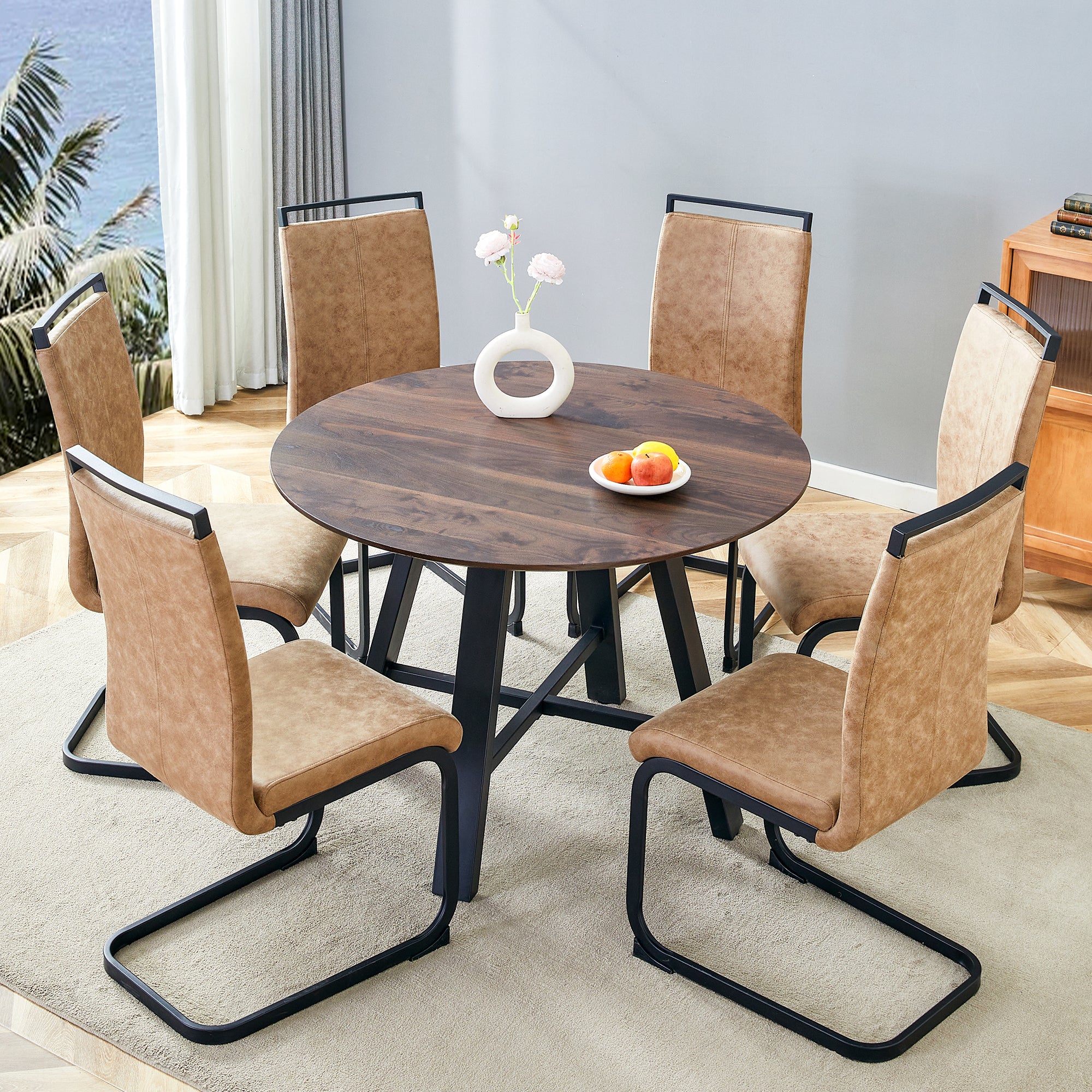 Table and chair set.42 Inch Diameter Modern minimalist round dining table.Paried With 6 Brown technology fabric chairs with arched black legs. Suitable for kitchen,Dining room,etc.