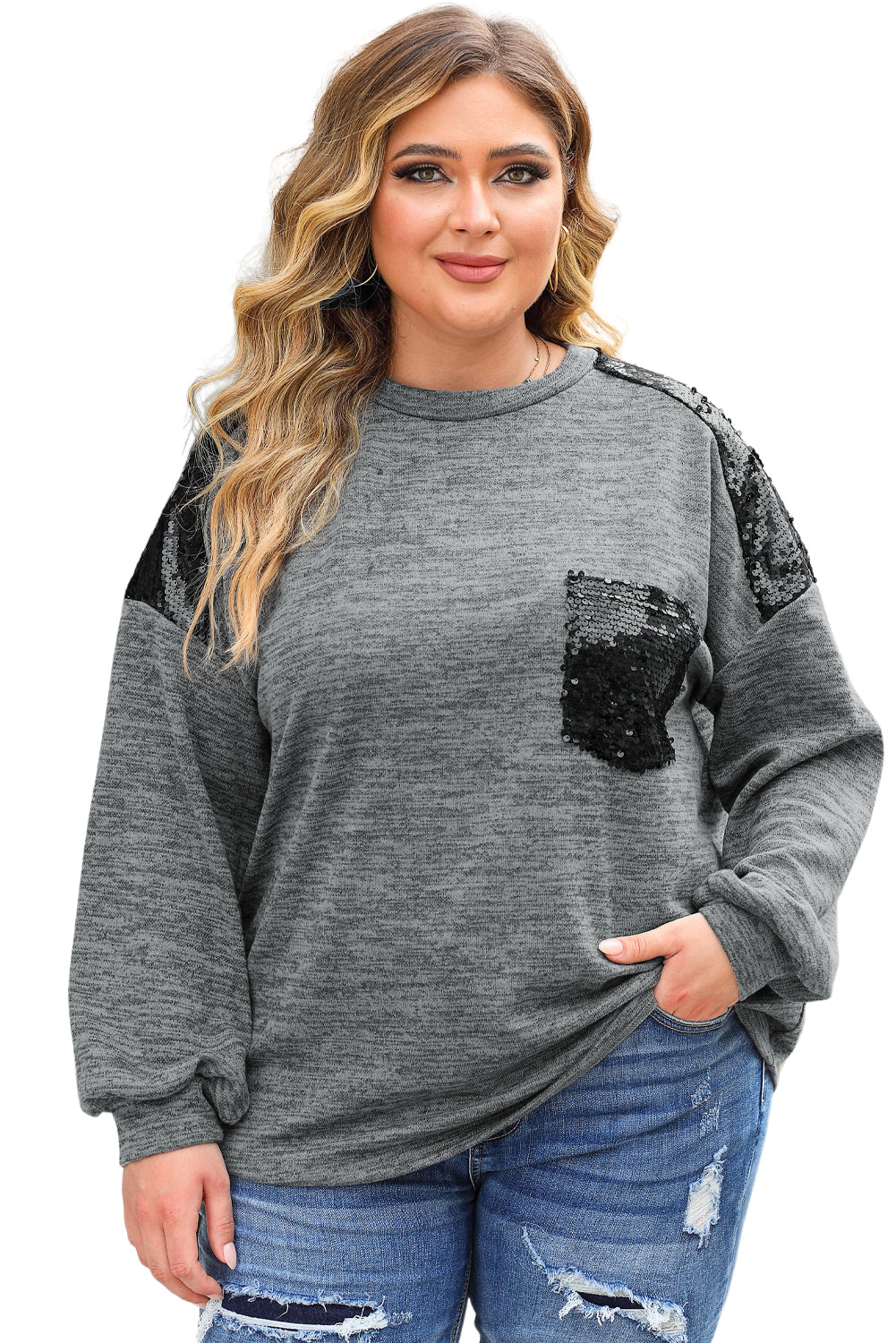 Wholesale Gray Sequin Patchwork Long Sleeve Plus Size Top - Eloy Royal