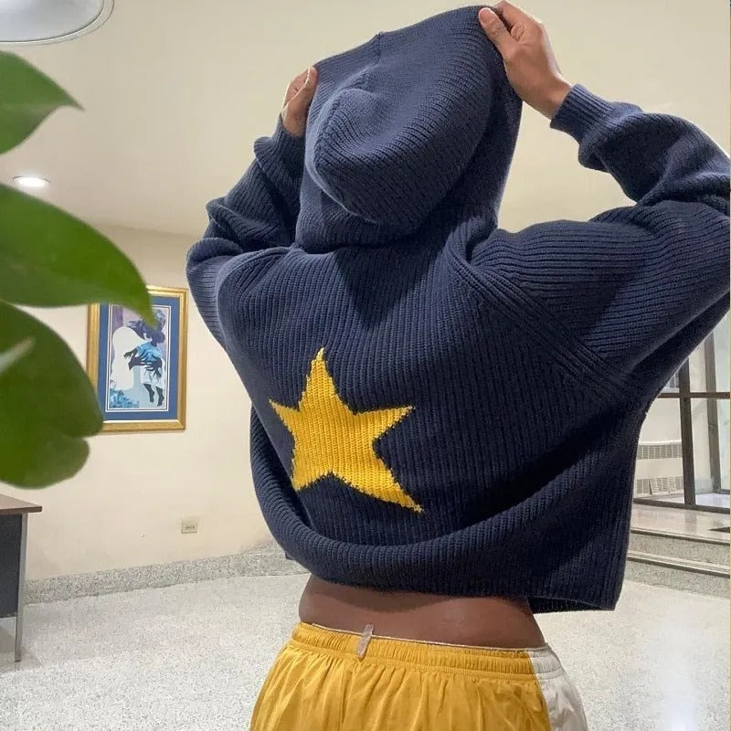 Female Star Sunken Stripe Men's Knitted Long-sleeved Hooded Sweater