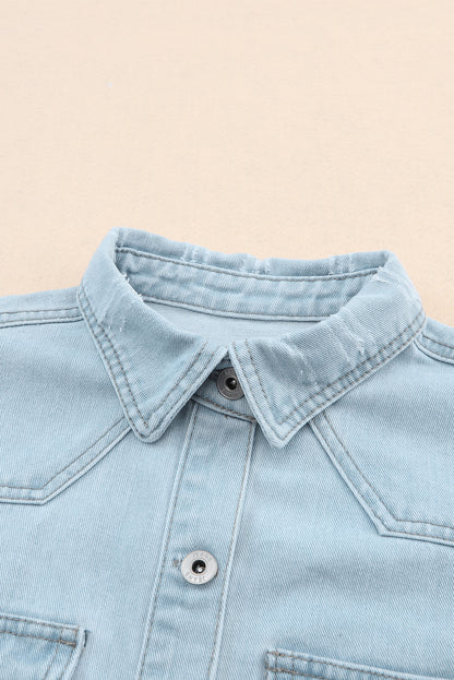 Wholesale Light Blue Flap Pocket Buttoned Raw Hem Denim Shacket - Eloy Royal