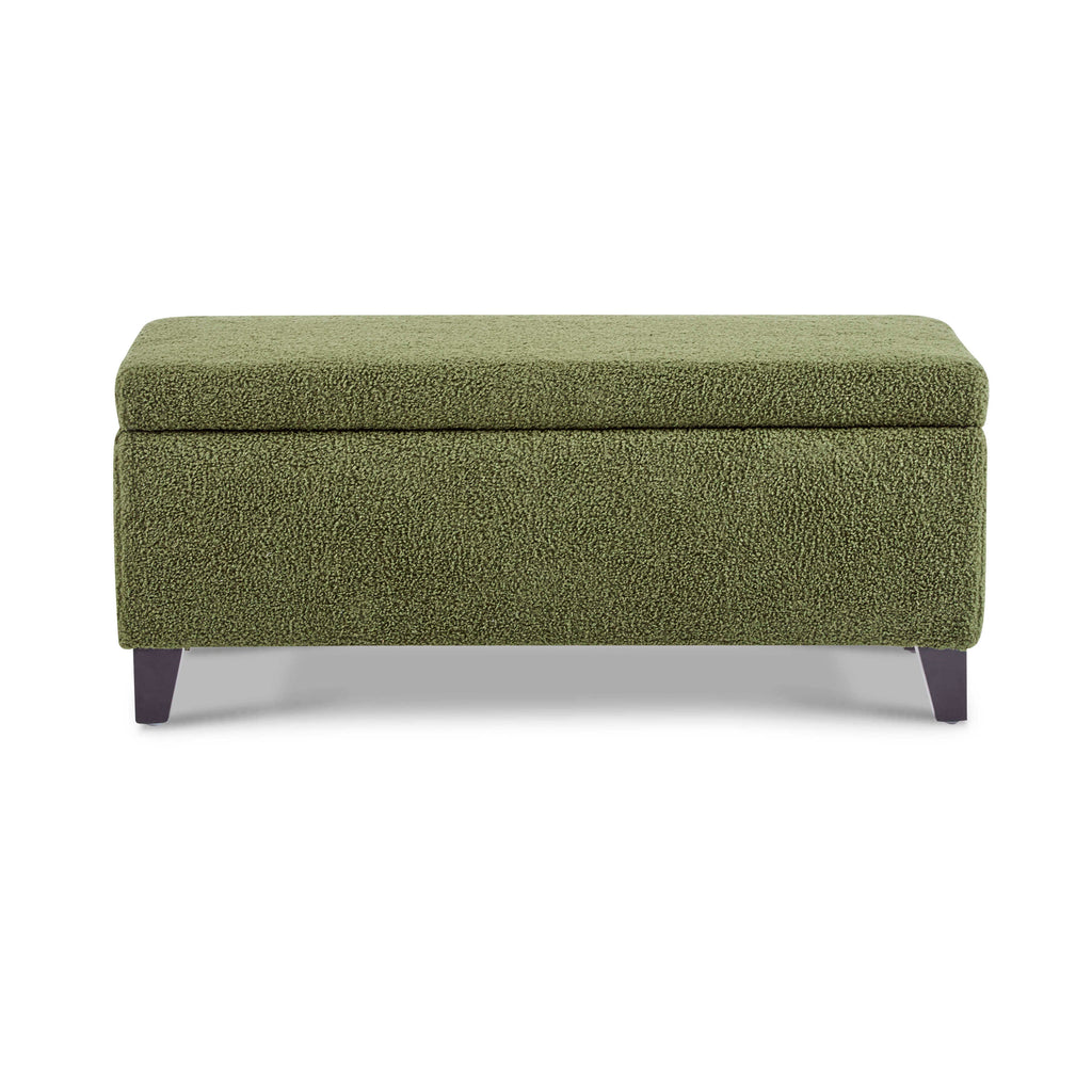 Retro Green Storage Ottoman with Flip-Top Lid, Boucle Fabric & Rubber Wood Legs, 39L x 19.25W x 16.5H