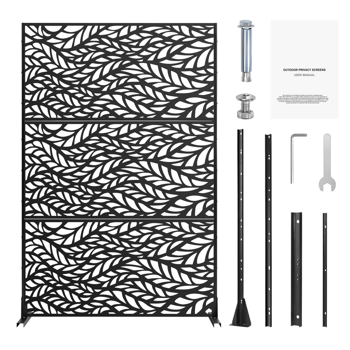 Metal Privacy Screen, 47' W x 72' H, Outdoor Privacy Screens & Panels, Freestanding Outdoor Divider with Stand, 3-Panel Decorative Garden Steel Privacy Fence for Balcony Patio Indoor Room Black