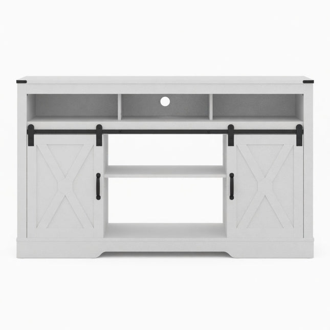 58' White Modern Farmhouse TV Stand with Sliding Barn Doors, Storage for 65+ Inch TVs, Engineered Wood Construction