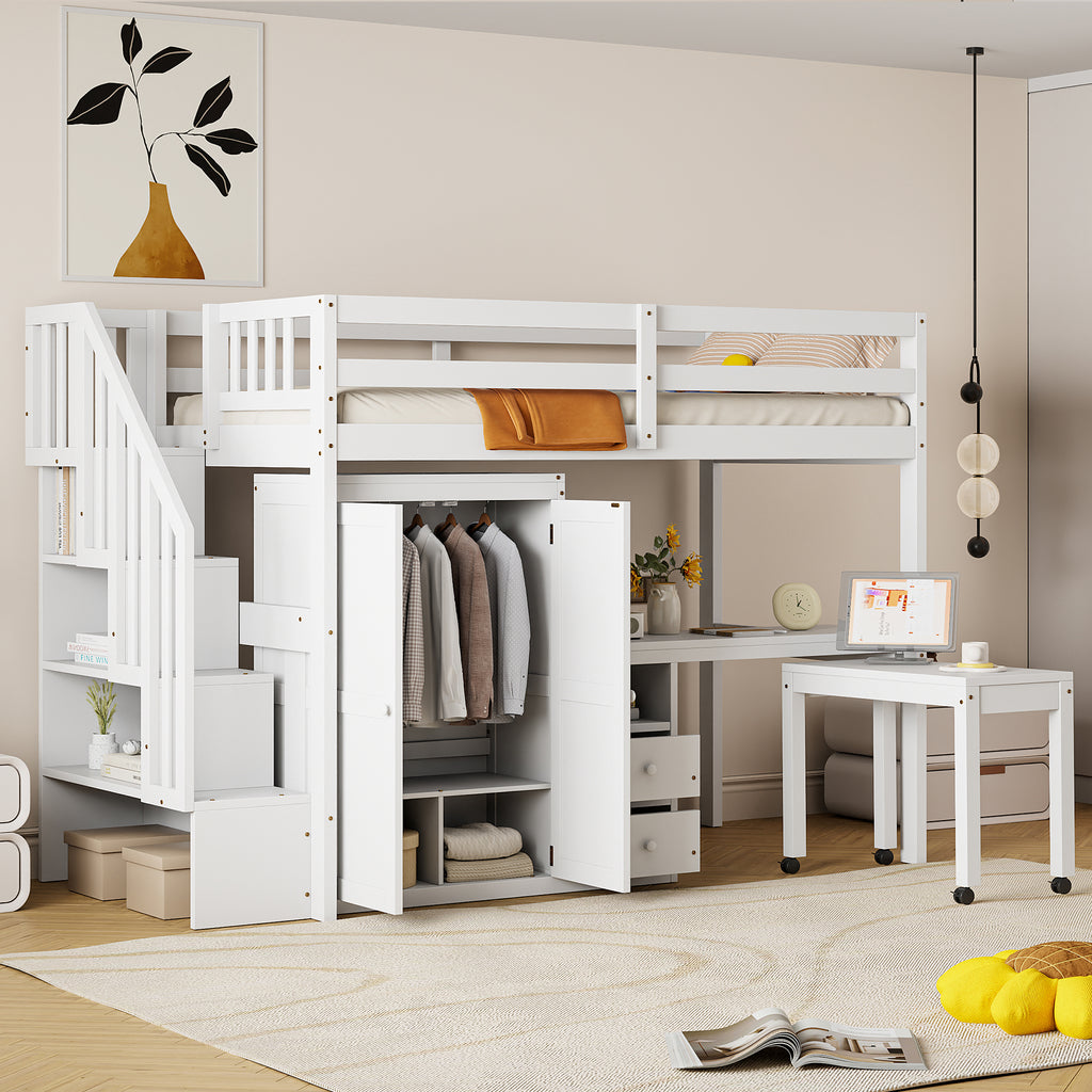 Twin Size Loft Bed with Stairs, Bookshelf, Drawers, Desk & Wardrobe – Space-Saving Multifunctional Furniture for Kids & Teens-White