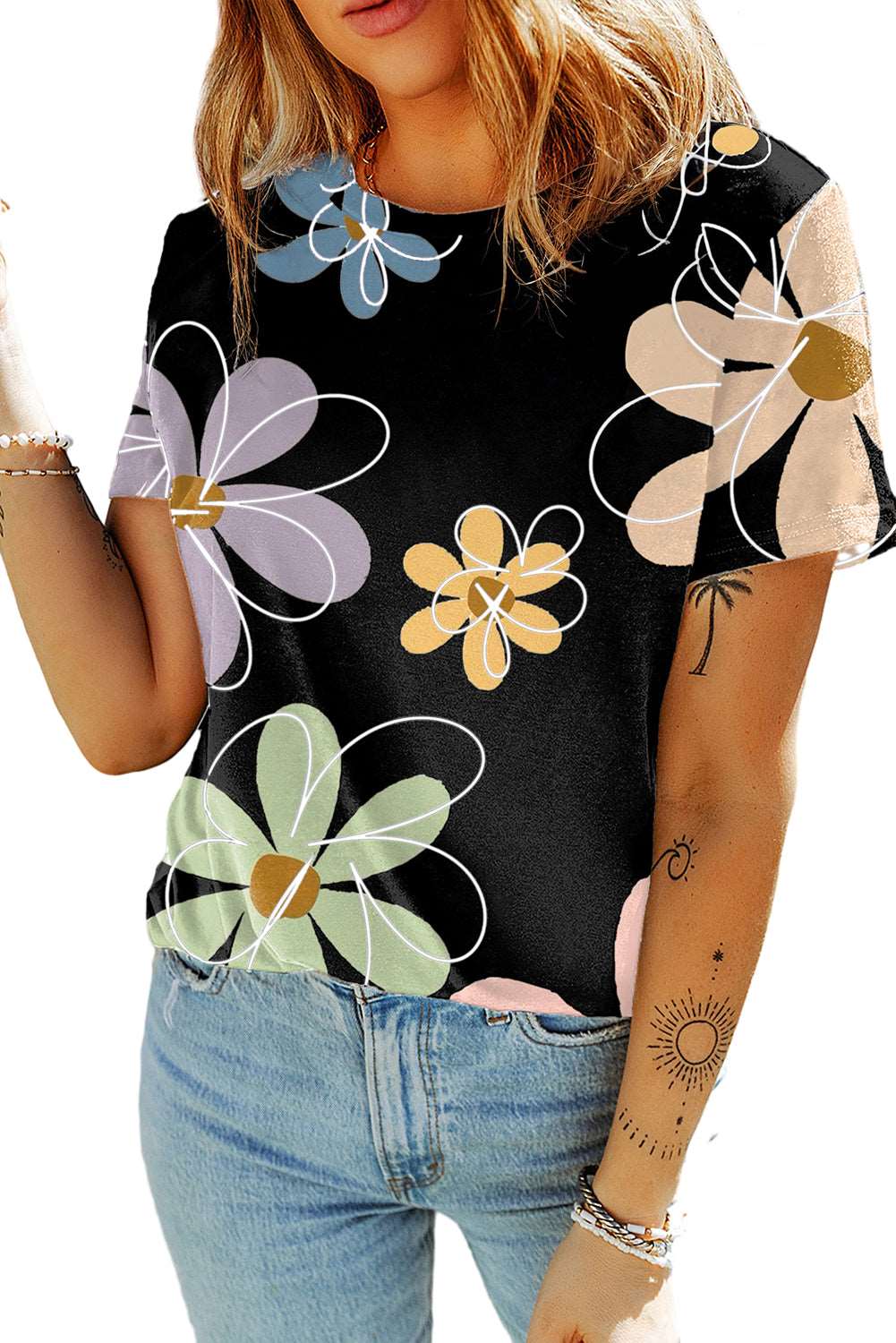 Beige Summer Flower Print Round Neck T Shirt