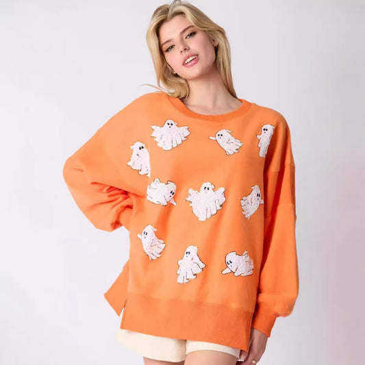 Women's Halloween Ghost Sequined Top Casual Loose Sweatshirt