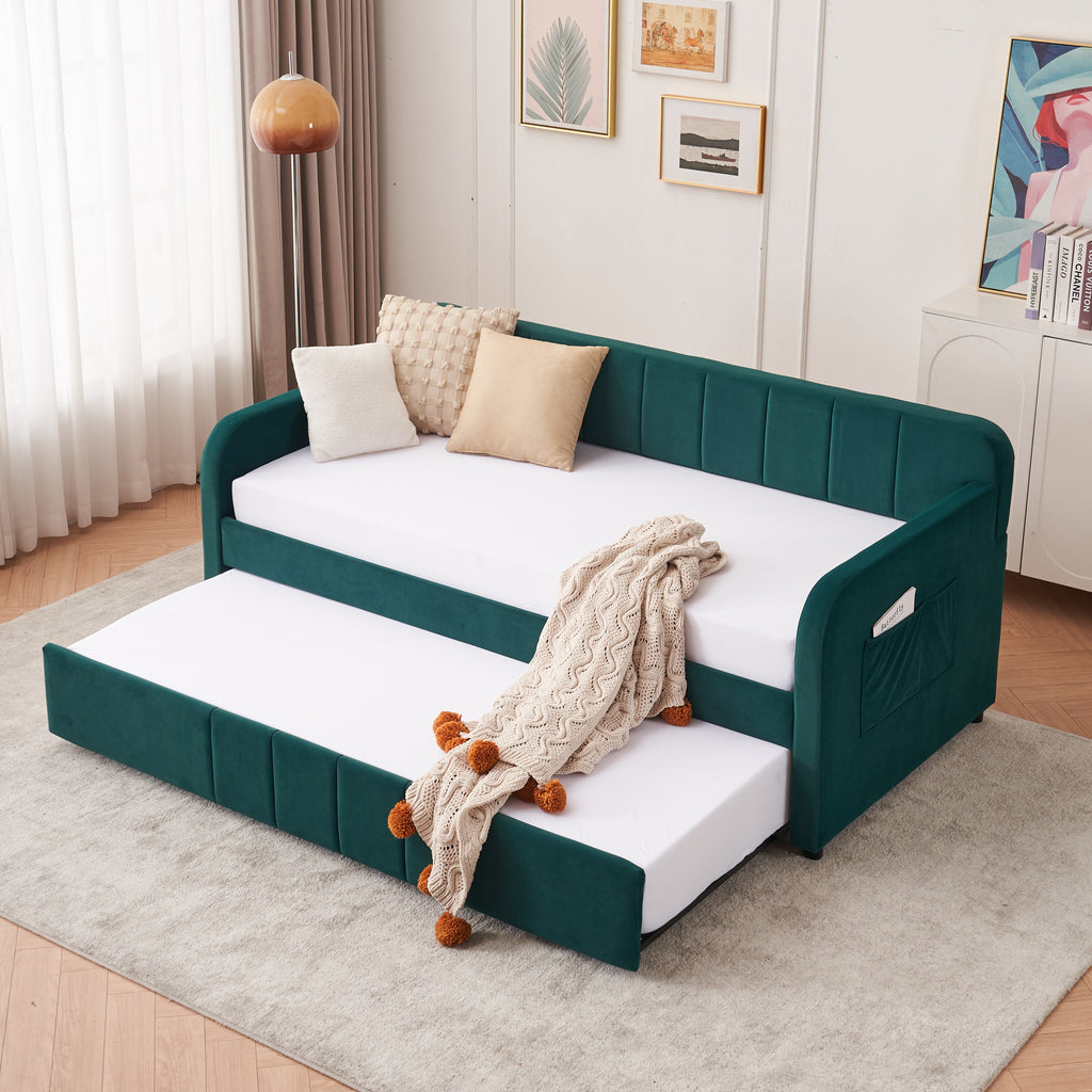 Twin Upholstered Daybed Frame with Trundle, Twin Size Sofa Bed for Bedroom Living Room Guest Room, Wood Slat Support,Emerald