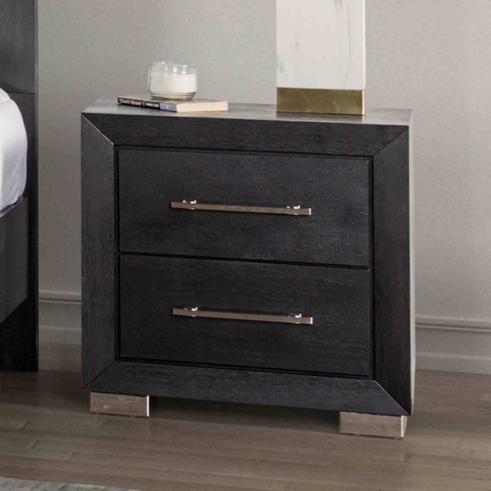 Contemporary Style 1pc Nightstand Chrome Legs Soft Closing English Dovetail Drawers Metal Handles Black Finish Bedroom Furniture