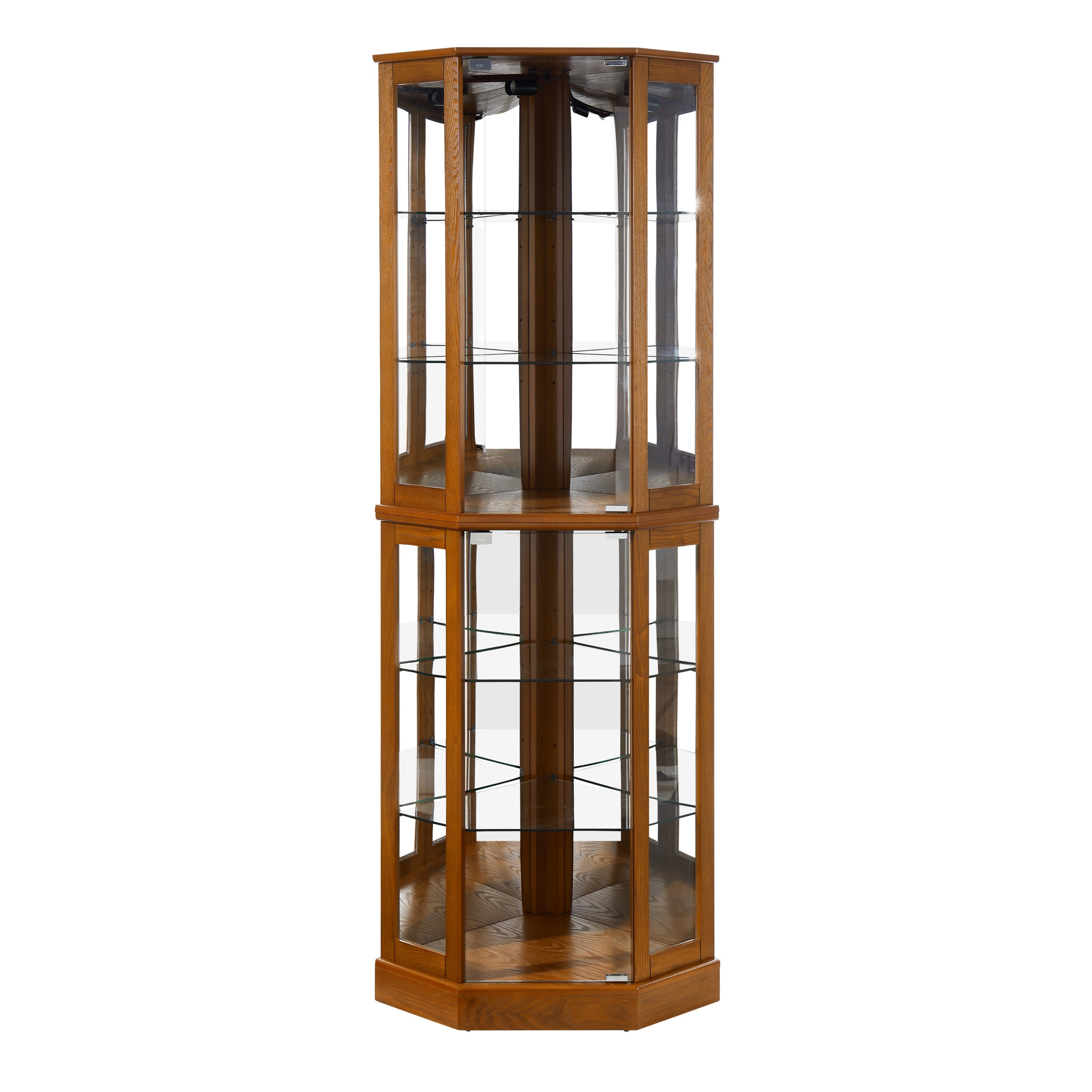 6 Shelf Corner Curio Display Cabinet with Lights, Mirrors and Adjustable Shelves, Oak (E26 light bulb not included)