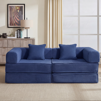 78' Convertible Sofa Bed, Modular Corduroy Couch with 2 Pillows, Space-Saving Compressed Floor Sofa, Ideal for Living Room, Bedroom, Apartment,Navy-Blue.