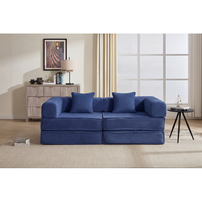 78' Convertible Sofa Bed, Modular Corduroy Couch with 2 Pillows, Space-Saving Compressed Floor Sofa, Ideal for Living Room, Bedroom, Apartment,Navy-Blue.