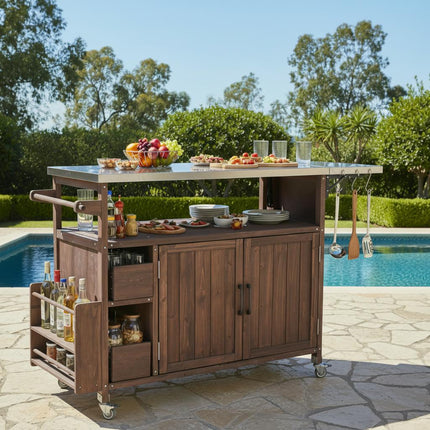 54.33' Farmhouse Rolling Outdoor Kitchen Cart, Solid Wood Frame with Stainless Steel Top, Spice Rack, Towel Rack, Lockable Wheels & Multi-Functional Storage for Patio, Backyard BBQ & Kitchen