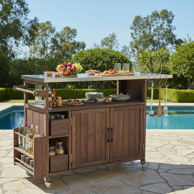 54.33' Farmhouse Rolling Outdoor Kitchen Cart, Solid Wood Frame with Stainless Steel Top, Spice Rack, Towel Rack, Lockable Wheels & Multi-Functional Storage for Patio, Backyard BBQ & Kitchen