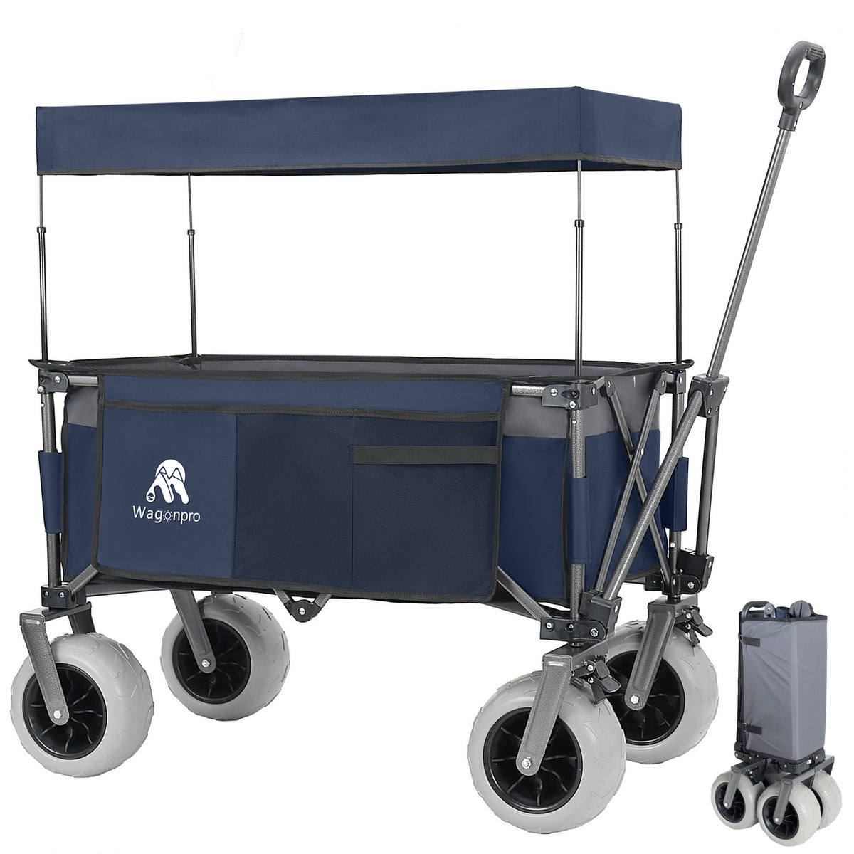 Multi-Functional Pull Folding Wagon Cart with Flexible Handle & Canopy, Heavy Duty Utility Cart with 9'x4' Beach Tires for Camping & Beach, Transport, Groceries, Sports, 480LBS/120L(Blue Gray)