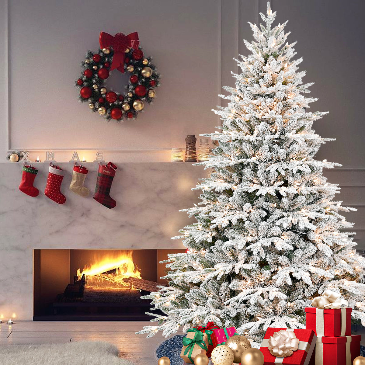 6ft Pre-Lit Flocked Artificial Christmas Tree with 400 Warm White Incandescent Lights, 1931 Tips, Snowy PE+PVC Hinged Pine with Partial Memory Wire Branches, Foldable Metal Stand for Holiday Dec