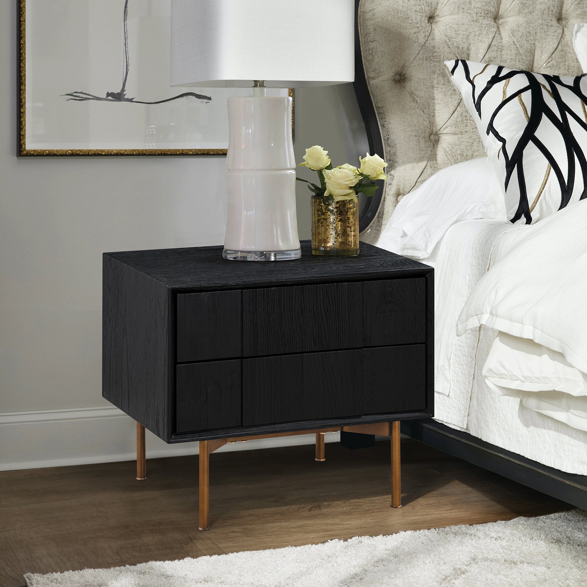 Carnaby 2 Drawer Nightstand in Black Brushed Oak and Bronze