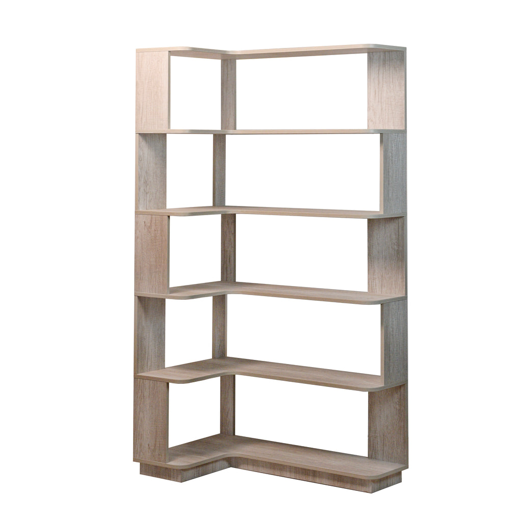 L-Shaped Corner Bookshelf 90cm Extended Size 5-Tier Freestanding Wooden Display Shelf in Light Gray with Anti-Tip Safety Features