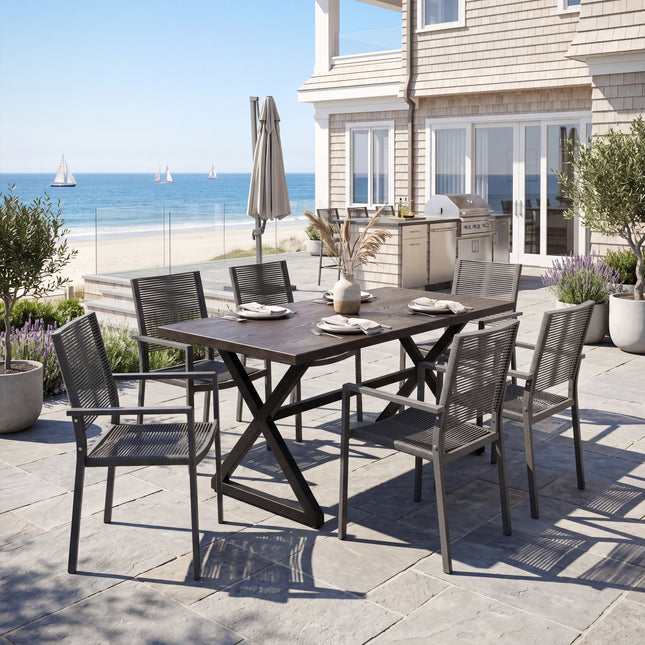 7-Piece Aluminum & Woven Rope Outdoor Patio Dining Set, Grey+Black+Brown