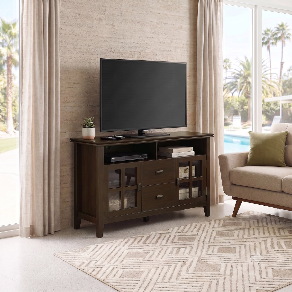 Artisan 48W TV Stand with Drawers, Glass Doors and Cubbies