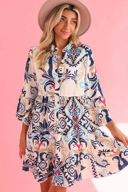 White Ethnic Print Boho Button Tiered Mini Dress - Eloy Royal