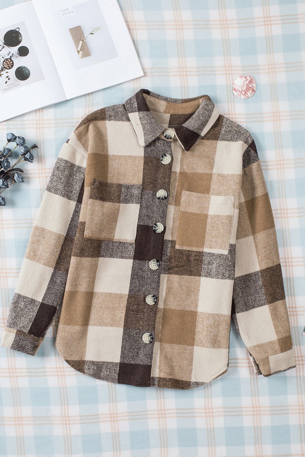 Grey Plaid Color Block Pockets Buttoned Shacket - Eloy Royal