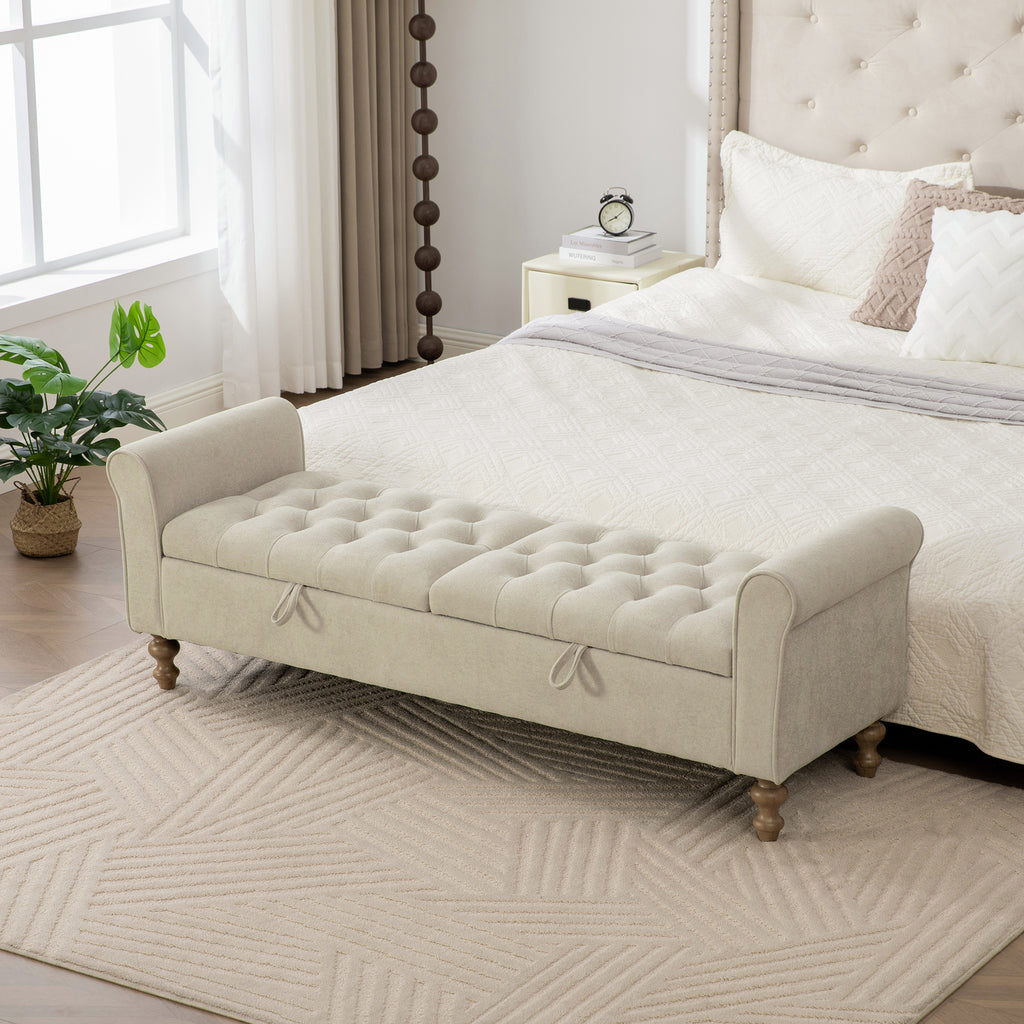 65.75' Wide Modern Upholstered  Storage Bench With Double Lids, Napped fabric Foot Stool With Rolled Armrest, Bench Daybed With Rubberwood Legs For Living Room, Entryway, Dormitory, Bedroom,Griege