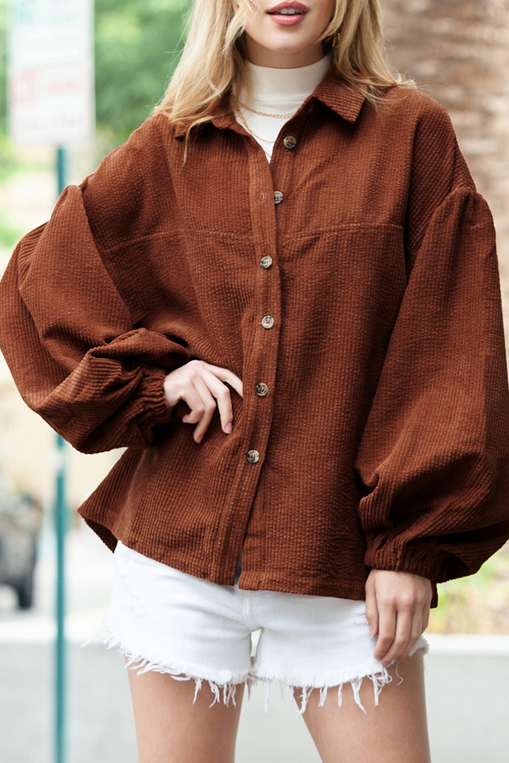 Wholesale Coffee Corduroy Button Up Lantern Sleeve Jacket - Eloy Royal