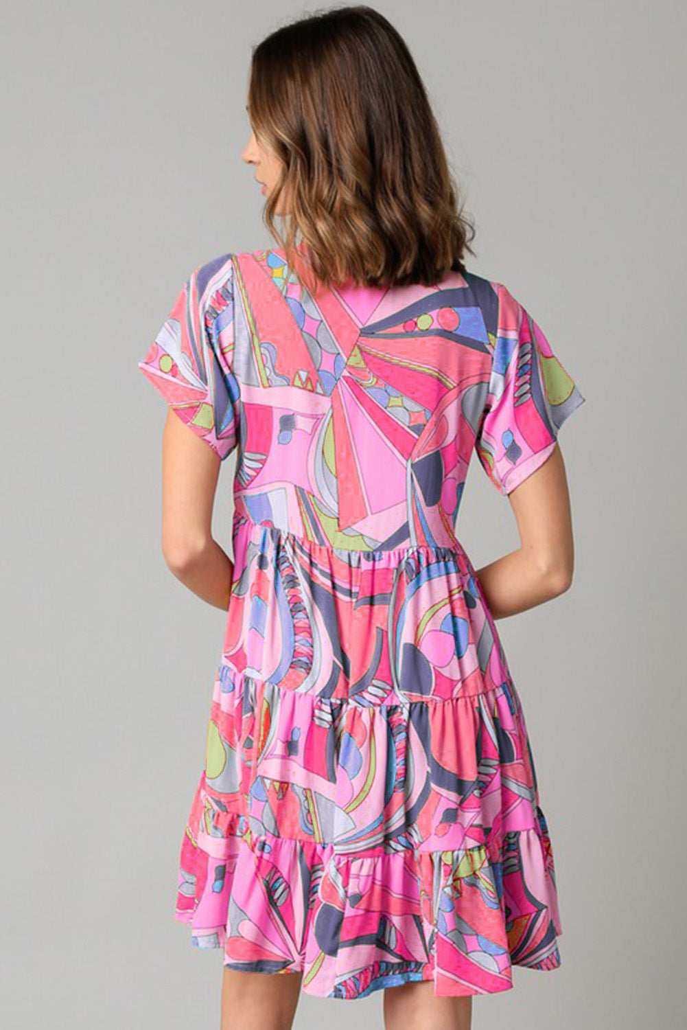 Multicolor Abstract Print Split V Neck Short Sleeve Tiered Dress - Eloy Royal