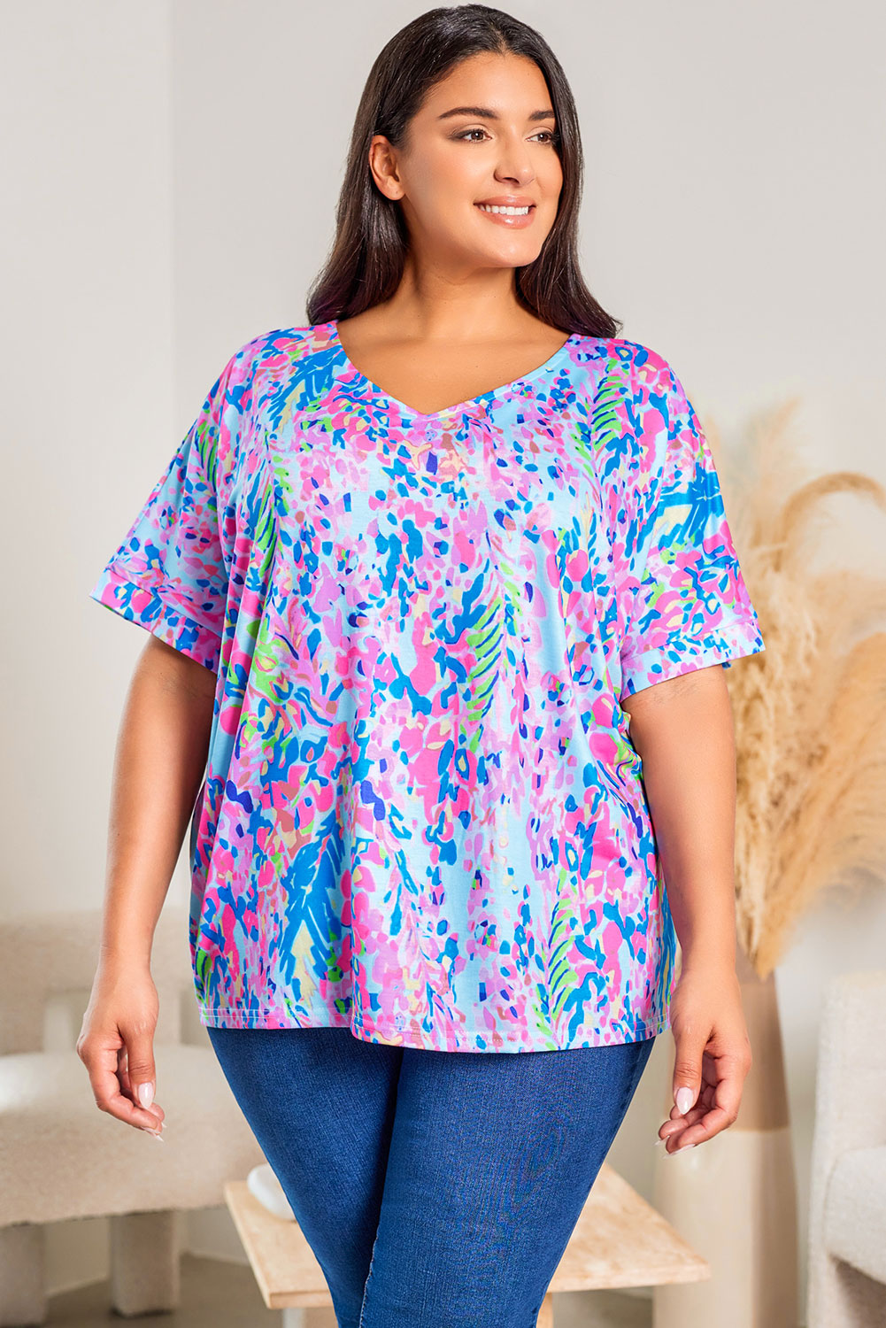 Sky Blue Plus Size Plant Print V Neck T-shirt - Eloy Royal