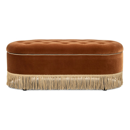 Melinda Oval Tufted Bullion Fringe Storage Bench in Burnt Orange Performance Velvet, 48.5'