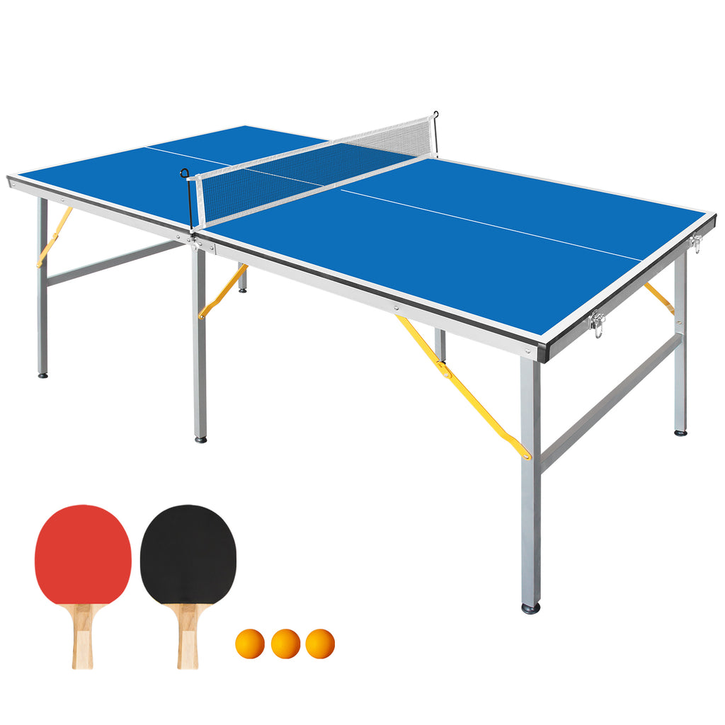 6FT Foldable & Portable Table Tennis Table – Mid-Size Ping Pong Table Set for Indoor Play, Includes Net, 2 Paddle, and 3 Balls with Light Blue Tabletop