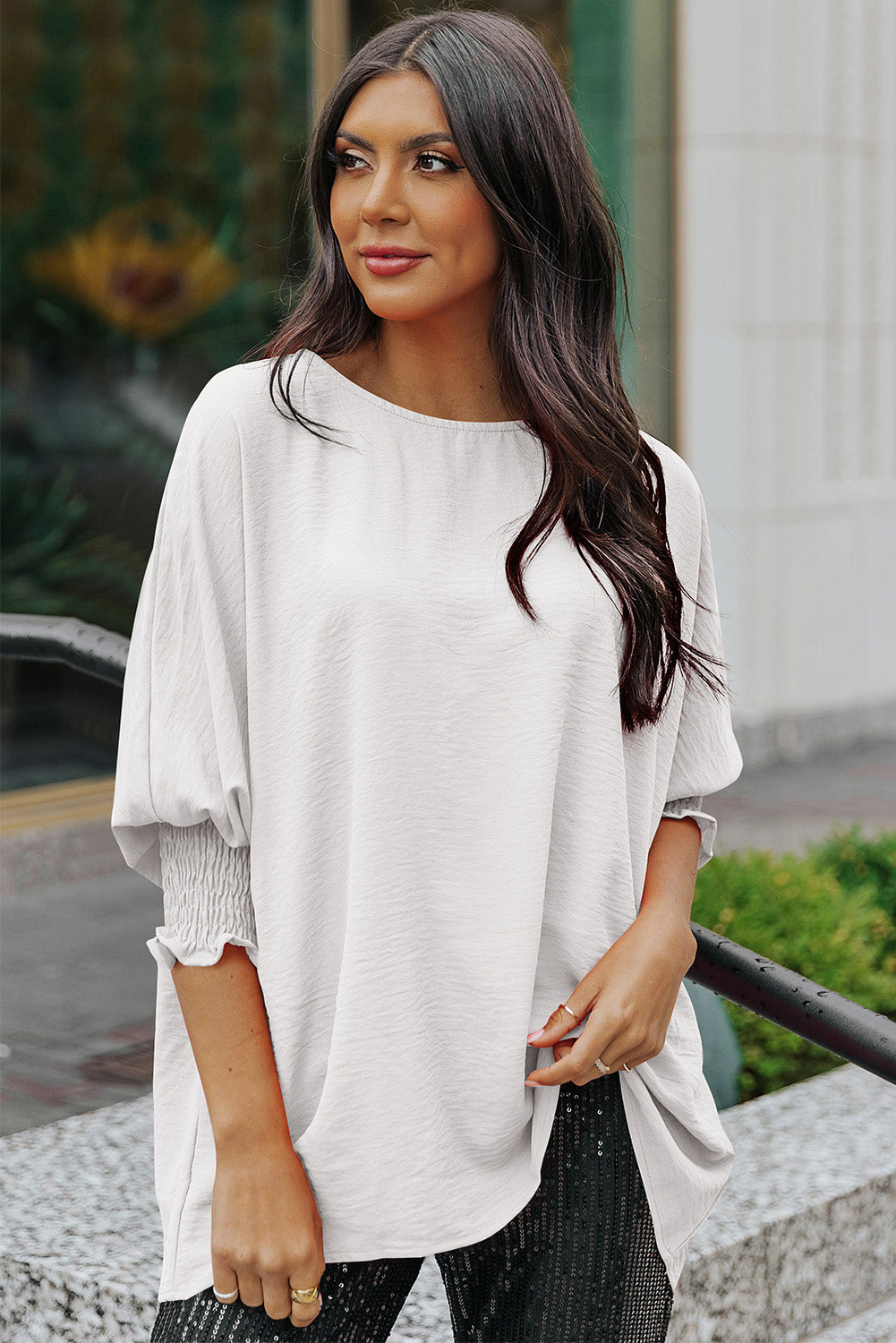 White Plain & Casual Shirred Cuffs Half Sleeve Top - Eloy Royal